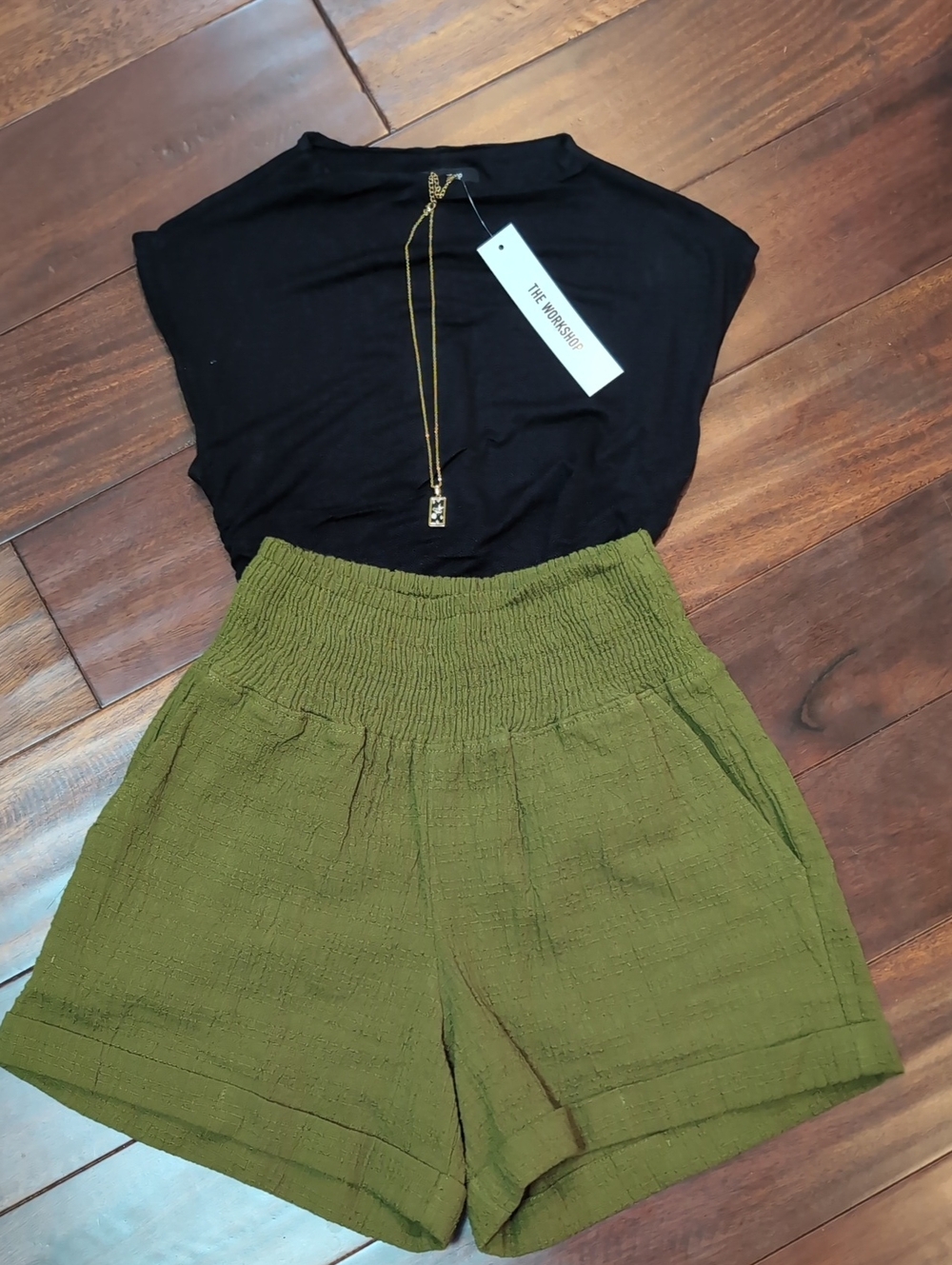 Known Supply Olive High-Waist Smocked Shorts, The Workshop Top And Gold Necklace